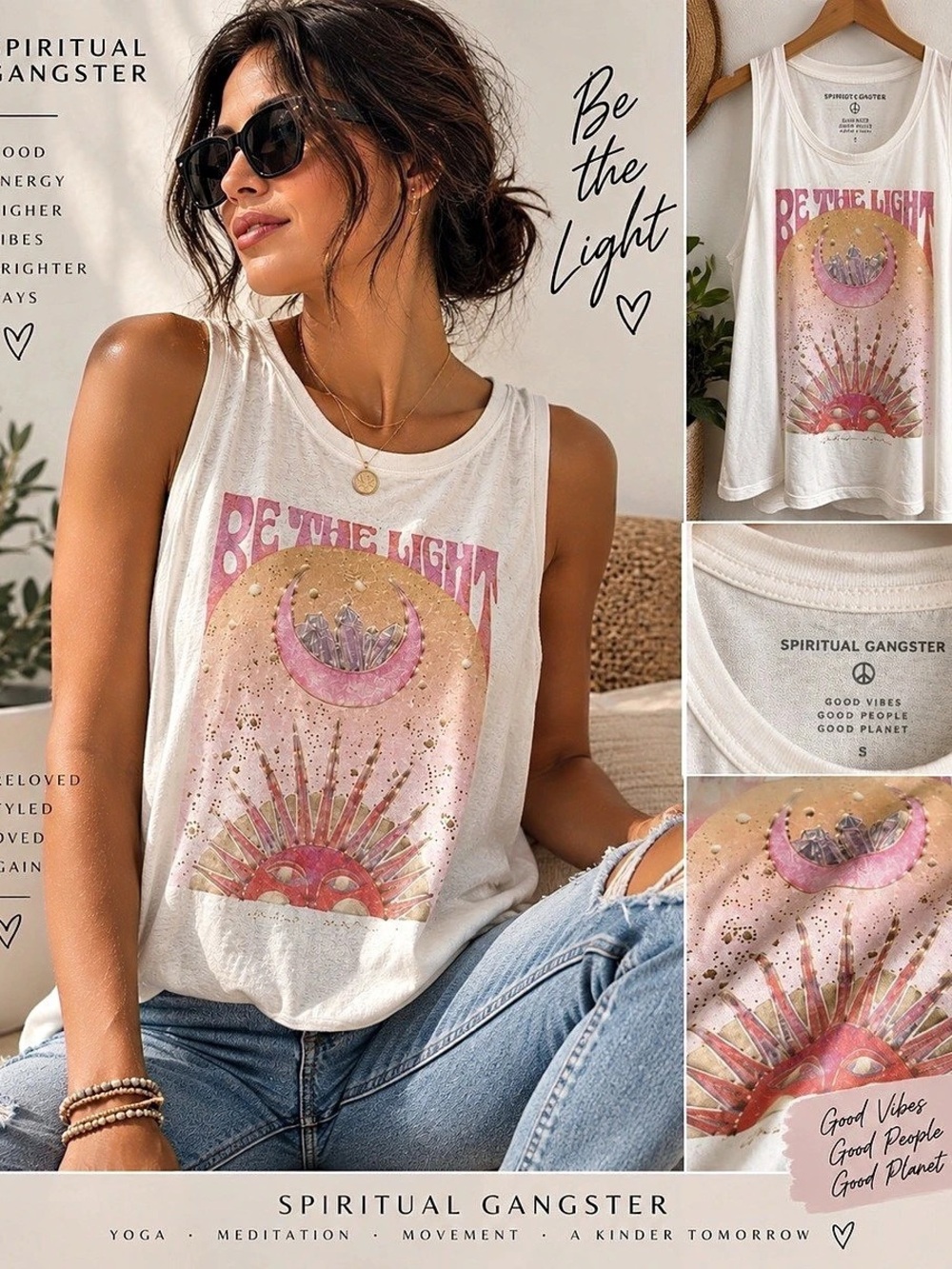 Spiritual Gangster Be The Light Crystal Tank White & Pink Small
